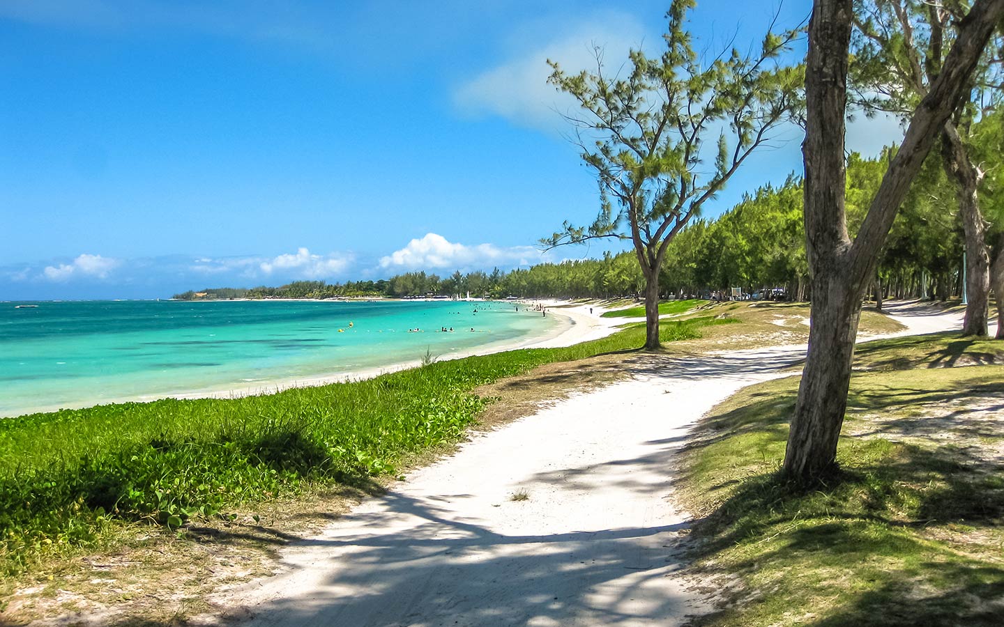 Plage de Belle Mare, eau turquoise et sable blanc, bordée de palmiers et sentier paisible.