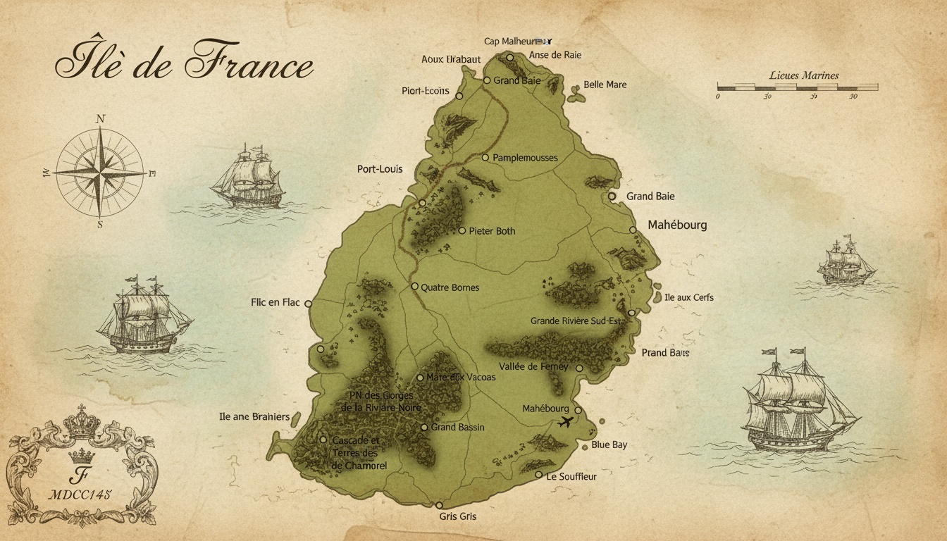 Carte ancienne de l'île de Maurice, montrant les villes principales et les navires