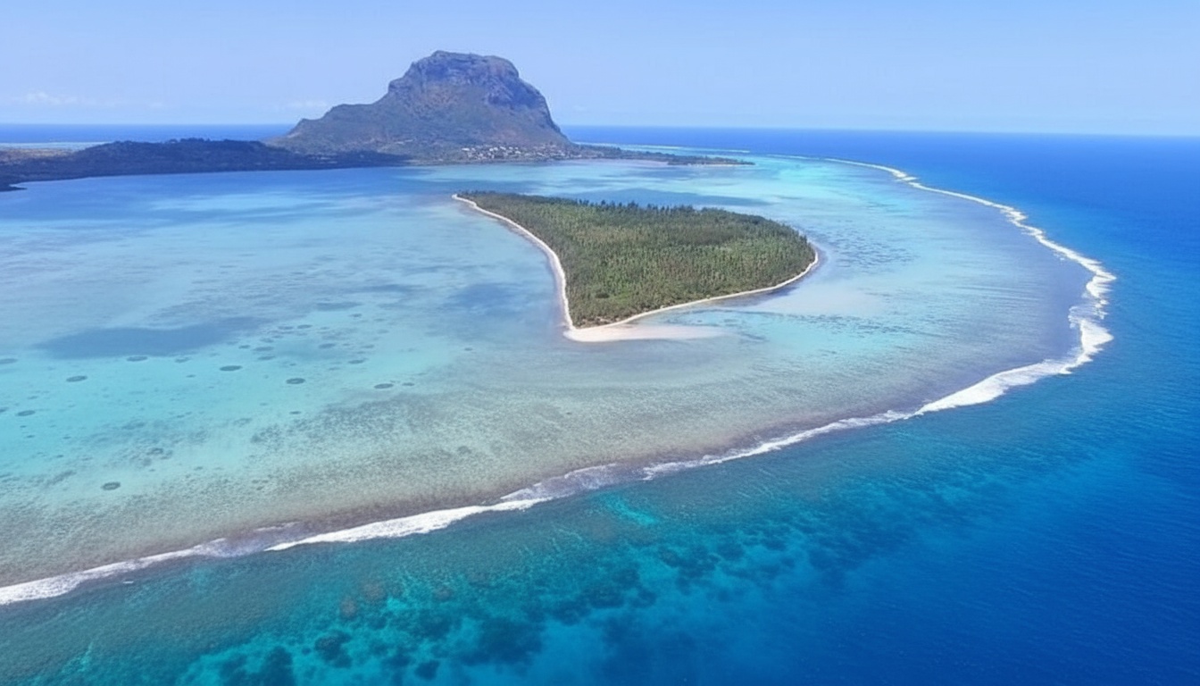 Île aux Bénitiers avec son lagon turquoise et un relief montagneux en arrière-plan
