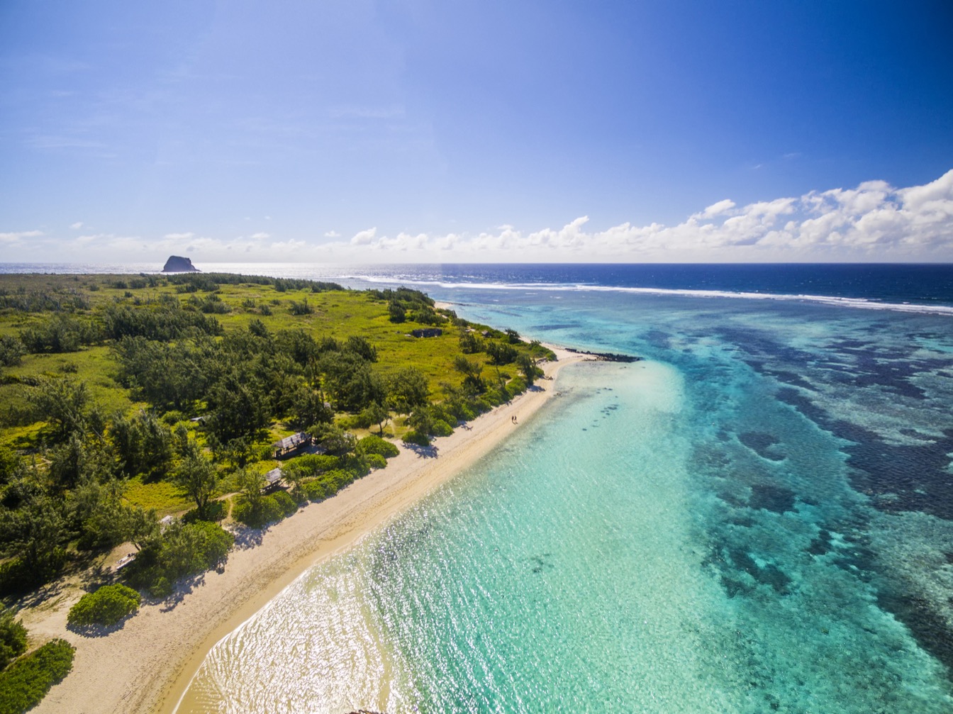 Île Plate, eaux turquoise et plage de sable, entourée de verdure et d'un ciel ensoleillé.