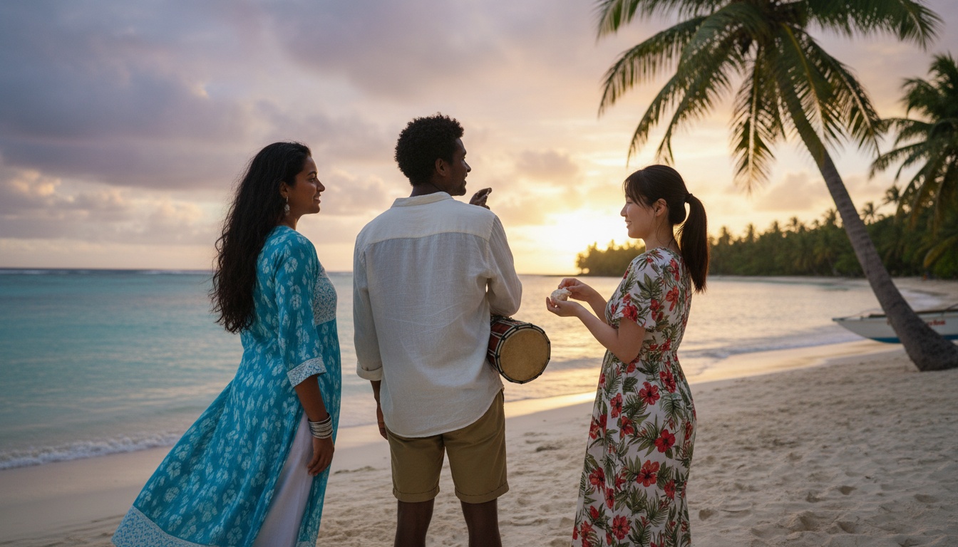 Trois personnes discutent sur une plage au coucher du soleil, entourées de palmiers.