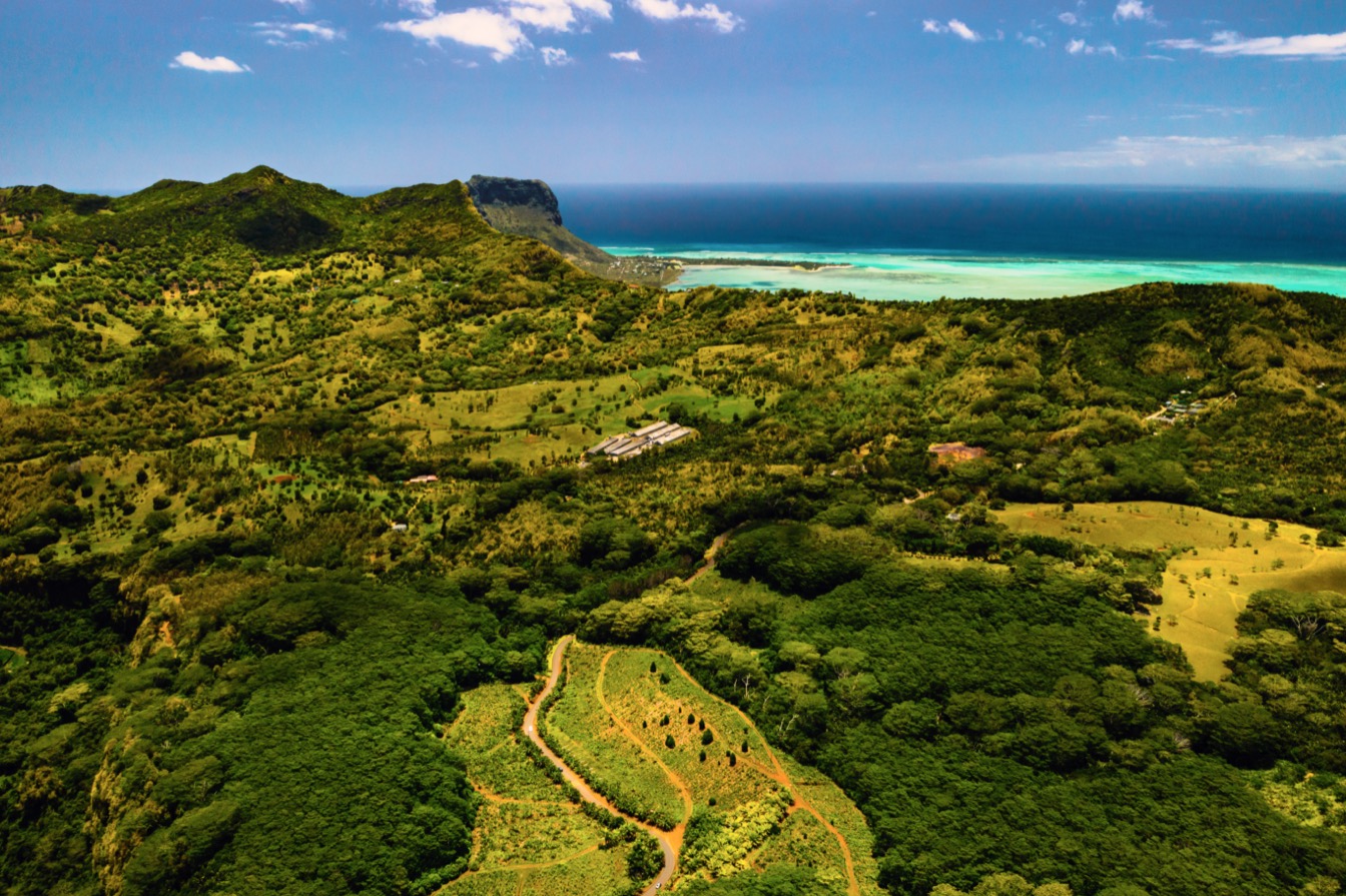 Vue aérienne des montagnes verdoyantes et des champs à l'île Maurice, avec l'océan en arrière-plan.