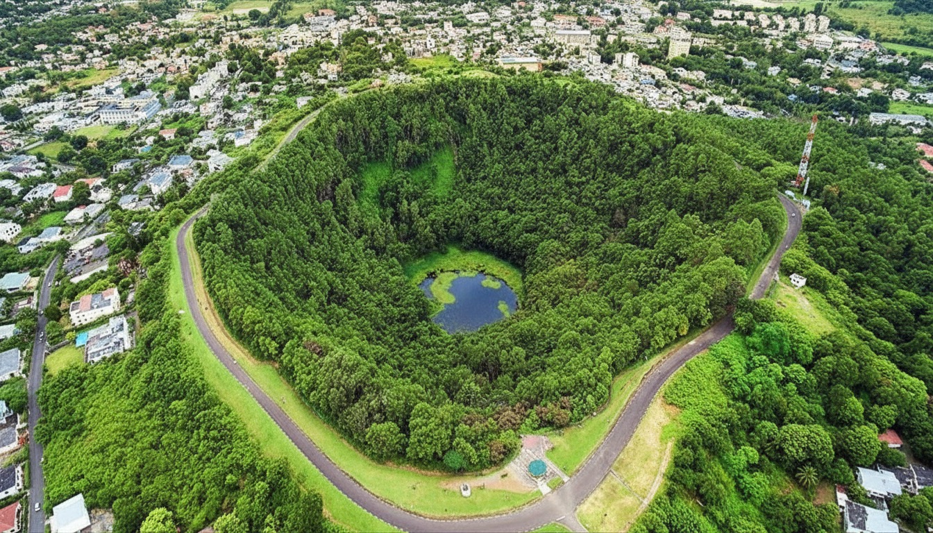 Panorama du Trou aux Cerfs, un cratère verdoyant entouré de logements à Maurice